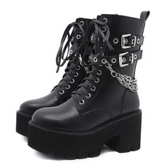 These gothic booties feature in metal chain decoration, lace up, zipper, platform heel and round toe.These women's boot use high quality rubber sole, which has the advantages of slip-resistant and superior abrasion, also improves the safety of the activity Heel measures approximately: 3.14 inches/ 8 cm Vegan Leather Color: Black 90s Fashion Summer, America Fashion, Gothic Boots, Chunky Heel Ankle Boots, Black Platform Boots, Estilo Punk, Martin Boots, Summer Fashion Outfits, Platform Boots