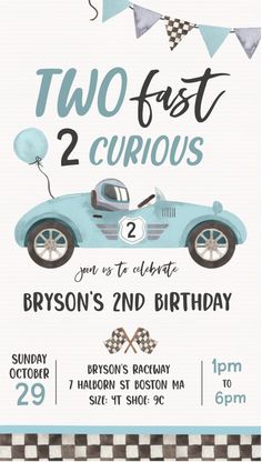 a birthday card with a car and balloons on the front, two fast 2 curiouss