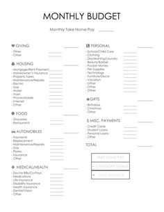 a printable budget sheet with the words, money and household items in black on white