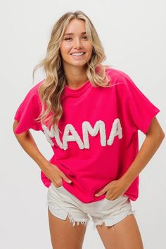 Hot Fuchsia Mama Chenille Embroidered Tee – True to You Chenille Embroidery, Chenille Yarn, Embroidered Tee, Embroidered Clothes, Fuchsia Color, Mom Outfits, Long Sleeve Tees, Long Sleeve Shirts, Graphic Tees