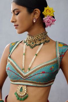 Aqua blue padded blouse with floral print, highlighted with sequin and resham embroidery. - Aza Fashions 2024 Blouse Design, New Blouse Designs Fashion 2024, Decent Blouse Designs, Blouse Necklines, Resham Embroidery, Choli Blouse, New Saree Blouse Designs, Traditional Blouse Designs, Fashionable Saree Blouse Designs