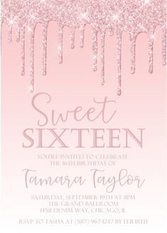 pink glitter sweet sixteen birthday party card