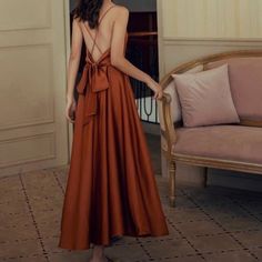 Backless Satin Dress, Backless Slip Dress, Silk Party Dress, Burnt Orange Dress, Satin Dress Long, Summer Elegant, Cottagecore Dress, Backless Maxi Dresses, Sling Dress