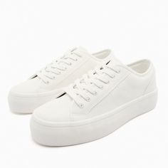 New With Tags, Leather Athletic White Sneakers Size 38 (7.5) Leather Canvas Shoes For Spring, Everyday Platform Sneakers With Round Toe, White Platform Sneakers For Everyday, Platform Sneakers For Everyday Spring Wear, Zara Lace-up Sneakers For Spring, Zara White Sneakers With Round Toe, White Zara Sneakers For Spring, Zara White Lace-up Sneakers, Leather White Sneakers