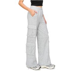 80% Polyester, 20% Cotton Feature: Wide leg fit cargo sweatpants are designed with 4- front pockets and elastic waistband with adjustable bungee drawcord leg opening. It is a comfortable wide leg fit for a chill and slightly relaxed look. Check out more cool California vibes in our Lazy Sunday Collection. Versatile Style: This must-have sweatpants will have anyone looking and feeling great in their body while wearing these. Pair these with sweatshirts, sweater, or any tops for a casual everyday Wide-leg Leisure Sweatpants With Pockets, Sporty Relaxed Fit Wide-leg Sweatpants, Relaxed Stretch Wide-leg Sweatpants, Stretch Wide-leg Sweatpants With Cargo Pockets, Sporty Wide-leg Sweatpants With Elastic Side Panels, Running Everyday, Cozy Pants, California Vibe, Lazy Sunday