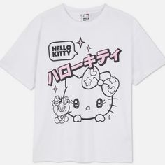 Hello Kitty Graphic T-Shirt The Standout Feature Obviously Has To Be The Front Graphic, Which Stars A Kawaii-Style Hello Kitty And Has Katakana Lettering For An Authentic Feel. It’s Finished With Subtle Pink Sparkles For Another Eye-Catching Detail. The Purr-Fect Option For Year-Round, Style It With A Denim Skirt And Sandals For A Sweet Summer Look Or Opt For Cargos And Boots When There’s A Chill In The Air. No Need To Wish On The Stars, Use Our Stocker Checker To See Where You Can Pick It Up! T Harajuku Hello Kitty Crew Neck Top, Harajuku Hello Kitty Print Cotton Tops, Harajuku Style Cotton Tops With Hello Kitty Print, Harajuku Style Hello Kitty Cotton Tops, Cute Short Sleeve Logo Print T-shirt, Cute Short Sleeve T-shirt With Logo Print, Trendy Hello Kitty Print Short Sleeve T-shirt, Trendy Short Sleeve Hello Kitty T-shirt, Trendy Short Sleeve T-shirt With Hello Kitty Print