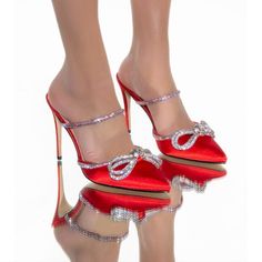 Backless Party Stilettos Pump Sandal -Red Style These With A Sexy Satin Mini Dress For A Sparkly Night Out Pointed Toe 4.5” Stiletto Heel Rhinestone-Embellished Strap Rhinestone Trim Rhinestone Bow Size: 7,8,9,10 Chic Party Sandals With 4-inch Heel, 4-inch Heels For Evening Night Out, Glamorous Sandals With 4-inch Heel For Party, Party Heels With 4-inch Heel And Ankle Strap, Chic High Heel Sandals For Holiday, Red Open Toe Heels For Evening, Evening Cocktail Heels With 4-inch Heel, Chic Open Heel Sandals For Holiday, Elegant Closed Toe Sandals For Party