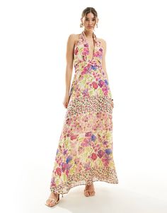 Vero Moda halterneck maxi dress in mixed floral print | ASOS Halter Neck Floral Print Dress For Party, Multicolor Spring Halter Maxi Dress, Multicolor Maxi Halter Dress For Spring, Spring Multicolor Maxi Halter Dress, Pink Halter Maxi Dress For Summer, Pink Halter Neck Maxi Dress For Summer, Chic Pink Halter Dress For Vacation, Floor-length Halter Dress For Spring Vacation, Spring Floral Floor-length Beach Dress