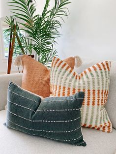 three pillows sitting on top of a couch next to a potted palm tree in a living room