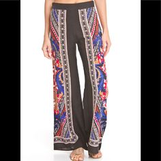 *Printed Palazzo Pants *Hidden Back Zipper Closure *No Stretch *Materials:100% Polyester Bohemian Style Black Straight Pants, Black Trousers For Vacation, Printed Stretch Pants, Printed Stretch Long Pants, Black Bohemian Pants For Vacation, Bohemian Black Pants For Vacation, Fitted Black Printed Bottoms, Black Full Length Bottoms For Vacation, Fitted Black Pants For Vacation