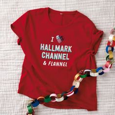 a red t - shirt that says i love hallmark channel and flannel