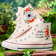 Weedding Shoes For Bride, Name and Anniversary Date Embroidered Converse Custom, Bridal Flower Embroidered Shoes, Wedding Gift, Unique Gift for Her 💚 Immerse yourself in the intricate craftsmanship as we lovingly hand embroider rustic flowers onto your chosen Converse pair 💚 🌿 The listed price encompasses both the Converse Shoes and the showcased Embroidery Designs. 1. MANUFACTURING PROCEDURE 🌿 Upon receiving your order, we initiate the shoe preparation process. If your chosen shoes are read Spring Wedding Embroidered Sneakers, Spring Wedding High-top Sneakers, Wedding Converse Bride, Sneakers Wedding, Converse Chuck 70s, Converse Wedding Shoes, Embroidered Sneakers, Embroidered Converse, Converse Custom