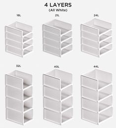 four layers of shelving are shown with the measurements for each shelf and how to use them