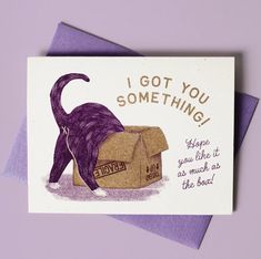 a card with an image of a cat in a box on it's back