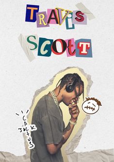 a collage of the rapper travis scott in front of a white background with colorful letters