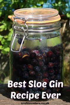 a glass jar filled with blueberries sitting on top of a wooden table next to a bottle