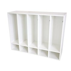 a white bookcase with six compartments on the front and four shelves on the back