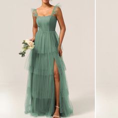 two pictures of the same woman in different dresses, one is wearing a green dress and the other has a white bouquet