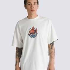 The Goldfish T-Shirt is a loose fit short sleeve crew neck T-shirt made of breathable cotton, with a bold screenprinted graphic of a goldfish with a Vans® logo at the center. 100% Cotton fabricDesigned with room in the chest and hipsShort sleeve crew neck T-shirtScreenprinted graphicsLoose fit | Vans Goldfish Loose Fit T-Shirt Men's Large Back To School Shoes, Vans Store, Vans Logo, Goldfish, Workout Shorts, Neck T Shirt, Loose Fitting, Cotton Fabric, Mens Shirts