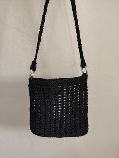 Handmade small size black straw bag suitable for daily casual boho style. Made by me. Casual Clutch Shoulder Bag With Braided Handles, Trendy Woven Clutch Shoulder Bag, Black Rectangular Hobo Bag With Braided Handles, Black Hobo Bag With Braided Handles For Daily Use, Black Bucket Straw Bag For Vacation, Black Rectangular Bucket Bag For Vacation, Casual Woven Clutch Shoulder Bag, Everyday Black Hobo Bag With Braided Handles, Summer Crochet Clutch Bag With Braided Handles