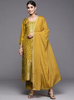 * Women Ethnic Motifs Embroidered Sequinned Kurta With Trousers & With Dupatta Pakistani Salwar Kameez / Indian Wedding Dress / Plus Size Cotton Dress Traditional Indian Wear / Salwar Kameez Dupatta / Kurti Palazzo Set   * Mustard Yellow woven design Kurta with Trousers with dupatta * Kurta design:- * Ethnic motifs woven design * Straight shape * Regular style * Round neck, three-quarter regular sleeves * 2 pockets * Calf length with straight hem * Silk blend fabric * Trousers design:- * Solid T Gold Embroidered Chanderi Palazzo Set, Embroidered Yellow Dola Silk Palazzo Set, Gold Embroidered Palazzo Set For Transitional Season, Embroidered Gold Palazzo Set With Traditional Drape, Embroidered Art Silk Palazzo Set With Straight Kurta, Gold Art Silk Palazzo Set With Straight Kurta, Yellow Art Silk Anarkali Set With Chikankari Embroidery, Embroidered Gold Palazzo Set For Eid, Festive Gold Palazzo Set With Pallu