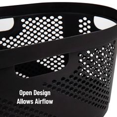 the open design allows airflow in this black plastic laundry basket with perforated holes