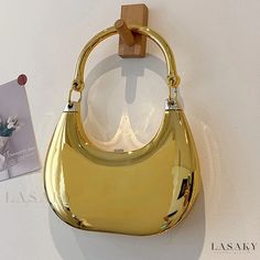 Lasaky - Tiny Glamorous Metal Top Handle Bag Chic Gold Baguette Bag For Party, Gold Hobo Shoulder Bag For Party, Chic Gold Top Handle Baguette Bag, Gold Shoulder Bag With Large Capacity For Evening, Gold Top Handle Baguette Bag For Daily Use, Chic Gold Baguette Bag With Top Handle, Party Crossbody Bag With Single Handle, Trendy Single Handle Shoulder Bag For Party, Large Capacity Gold Shoulder Bag For Evening