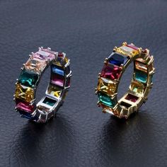 Looking to make your outfit as colorful as the Rapper 6ix9ine? This ring can elevate any outfit outhere. With 1 Row of VVS CZ Stones ready to make you sparkling. White Gold Plated: 5x PVD Plating & VVS CZ Stones PREMIUM Quality: Hand-Set CZ Stones No form of discomfort on your skin Real VVS Diamonds Look & Feel Weight: 5gr FREE STANDARD SHIPPING Tennis Ring, Eternity Engagement Band, Rock Rings, Rainbow Rings, Cz Jewelry, Round Rings, Engagement Bands, Black Jewelry, Hip Hop Jewelry