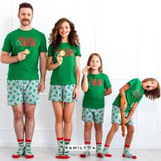 "Thank you for your interest in our Family Christmas Pajamas, Matching Holiday Jammies, Christmas Crew Pajamas We crafted these originally-designed premium quality cotton pajamas to be soft and comfortable for a good night's sleep and happy family moments together. ♥ PRODUCT HIGHLIGHTS  ✔️The price is per set  ✔️ Pajama set includes: Top: Cotton 100% Lower section: Cotton 100% ✔️ OEKO-TEX certified soft 160gsm fabric. ✔️ Wear snug fitting ✔️ Designed for comfort and fun family matching. ✔️ Perfe Playful Christmas Holiday Sets, Family Matching Sets For Holiday Pajama Party, Green Christmas Holiday Sets, Family Matching Christmas Sets For Pajama Party, Green Cotton Christmas Sets, Family Matching Sets For Christmas Pajama Party, Festive Family Matching Sets For Holidays, Family Matching Sets For Festive Holiday Season, Green Christmas Sleepover Sets