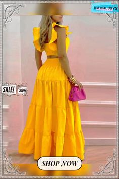 Women's New Solid Color Mid Waist Big Swing Two Piece Dress Yellow Two-piece Summer Dress, Casual Two-piece Spring Dresses, Yellow Two-piece Dress For Spring, Spring Yellow Two-piece Dress, Solid Two-piece Summer Dresses, Two-piece Solid Color Summer Dress, Spring Two-piece Sleeveless Maxi Dress, Solid Two-piece Dresses For Spring, Two-piece Dress For Day Out