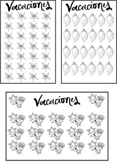 two sheets of black and white paper with the words vacaciones on them