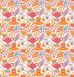 a colorful pattern with tea cups and spoons on it, including an orange cupcake