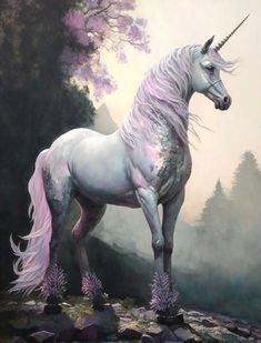 a painting of a white unicorn standing on rocks in the middle of a forest with purple flowers