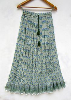 "ITEM DESCRIPTION women wear block printed cotton long skirts - summer wear broomstick style with tassel skirts Material: 100% cotton cambric soft crinkled fabric Length: - 38 inch long Waist :-28.00 inch full (14 inch half) 28 inch relaxed can stretch up to 50 inch Size: free size (fit to all) PRODUCT NAME: - Long Women Maxi skirts Ladies Vintage Long skirts Company Return Policy: Please write for more information to my email directly CHOOSE \"ASK SELLER QUESTION \" payment policy:- we accepts Long Maxi Skirts Summer, Skirt And Tshirt, Indian Dress Up, Crinkled Fabric, Maxi Skirts Summer, Long Skirt Summer, Printed Long Skirt, Tassel Skirt, Skirts Summer