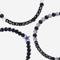 A whole new way to rep the team in style is here. Step up your fan fashion sense with this Dallas Cowboys 3 Pack Beaded Friendship Bracelet. These matching friendship bracelets have an all-over team-colored design and team logo displays, which makes them the perfect way to show your support for the Dallas Cowboys on gamedays and every day in between. Every bead bracelet design is the perfect addition to your outfit, whether you’re heading to the game, watching at home, or just hanging out with f Adjustable Team-colored Beaded Bracelets, Team Spirit Letter Beads Wristband For Game Day, Team Spirit Wristband With Letter Beads For Game Day, Casual Beaded Bracelets In Team Colors For Sports Events, Casual Team-colored Beaded Bracelets For Sports Events, Team-colored Wristband For Game Day, Game Day Black Wristband With Letter Beads, Casual Personalized Beaded Bracelets For Fans, Black Team Spirit Adjustable Beaded Bracelets