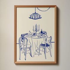 a blue and white drawing of a dining room table