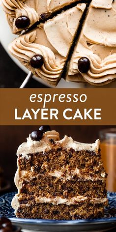 a cake with white frosting and chocolate chips on top is cut into pieces, along with the words espresso layer cake