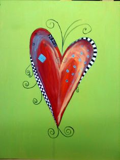 a painting of a red heart on a green background