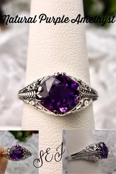 Amethyst Ring/ Solid Sterling Silver / 2ct Simulated Purple | Etsy Heirloom Solitaire Purple Amethyst Ring, Purple Amethyst Ring With Intricate Design, Elegant Purple Amethyst Ring With Intricate Design, Purple Anniversary Rings With Intricate Design, Antique Purple Amethyst Ring With Accent Stones, Fine Jewelry Amethyst Ring With Intricate Design For Wedding, Intricate Design Amethyst Ring For Wedding, Purple Amethyst Promise Ring With Intricate Design, Purple Amethyst Ring With Intricate Design For Promise