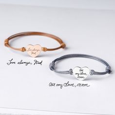 "This heart handwriting bracelet is a perfect gift for any occasion. It also will be a beautiful memorial keepsake about your loved one. ► PRODUCT INFORMATION * Heart tage measures approx. 3/4 x 5/8 inch (19 x 16mm) * Word limits: 3-4 words for the each side. * This bracelet is adjustable, needed to fit most wrist sizes. * By default, silver items comes with BLACK engraving and gold-plated item comes with CLEAR engraving. * All of our jewelry are handmade from scratch and packaged with care in o Heart Handwriting, Handwriting Gifts, Handwriting Bracelet, Baby Handprint, Custom Signature, Signature Bracelet, Handwriting Jewelry, Memorial Bracelet, Silver Items