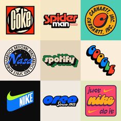 various logos and stickers are shown in this image, with different colors on them