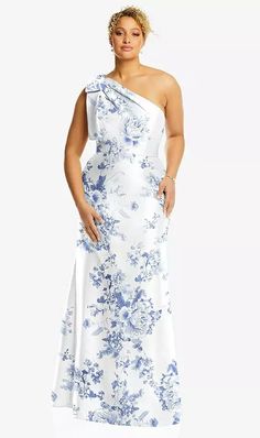 Bow One-shoulder Floral Satin Trumpet Bridesmaid Dress In Cottage Rose Larkspur | The Dessy Group White And Blue Formal Dress, Chinoiserie Bridesmaid Dress, Curvy Casual Outfits, Cottage Rose, Twill Dress, Bow Tie Dress, Alfred Sung, White Bridesmaid Dresses, Men's Ties