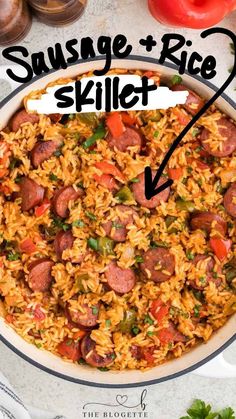 sausage and rice skillet in a pan with the words sausage and rice written above it