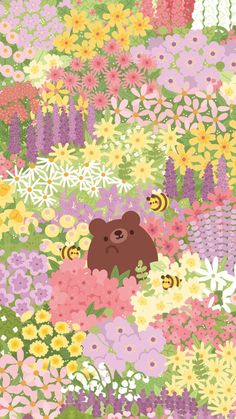 a brown bear surrounded by lots of flowers and bees on a green field with yellow, pink, purple, and white daisies