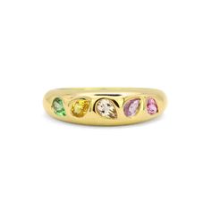 Add a pop of color to your jewelry collection with our Mosaic 18K Gemstone Gypsy Ring! This unique and playful ring features multi-colored pear cut gemstones set in a mosaic design on an 18K gold band. Perfect for stacking or making a statement on its own, this ring adds 0.97 ct of gemstone elegance to any outfit. Mosaic Wedding Band, Fine Jewelry Multicolor Rings With Rose Cut Diamonds, Multicolor Rose Cut Diamond Rings, Yellow Gold Multi-stone Teardrop Rings, Gold Teardrop Multi-stone Ring, Unique Gemstone Rings, Mosaic Wedding, Family Ring, Family Rings