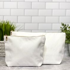 two white purses sitting on top of a counter next to plants and potted plants