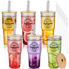 six different types of cold drinks with straws