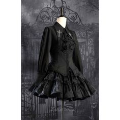 A gothic blouse that looks like an aristocratic lady from medieval Europe. Her collar has a cross sword embroidered on it, the back is laced, and the chest is decorated with a statement frill. She is a mysterious young lady with a gorgeous aura. 
 
 

 

 
 
 
 Size 
 
 XS size 
 
 Length: 63cm 
 Bust: 84cm 
 Waist: 72cm 
 Sleeve length: 62cm 
 
 S size 
 
 Length: 64cm 
 Bust: 88cm 
 Waist: 76cm 
 Sleeve length: 62cm 
 
 M size 
 
 Length: 65cm 
 Bust: 92cm 
 Waist: 80cm 
 Sleeve length: 62.5cm Gothic Long Sleeve Corset Dress For Costume, Black Long Sleeve Corset Dress For Costume, Gothic Long Sleeve Corset Dress, Fitted Gothic Tops, Gothic Formal Tops With Ruffles, Gothic Long Sleeve Corset For Costume Party, Gothic Ruffles Corset For Costume Party, Gothic Ruffled Corset For Costume Party, Gothic Black Top With Lace Collar