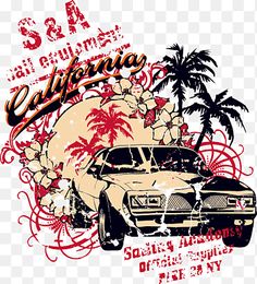 an old car with palm trees and the words california on it, as well as some lettering