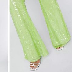 Brand New With Tags. Perfect For Harry Styles Or Kacey Musgraves Concerts! Spring Sequin Stretch Bottoms, Spring Sequined Stretch Bottoms, Fitted Sequin Bottoms For Summer, Spring Stretch Sequin Bottoms, Glamorous Wide Leg Pants For Spring, Green Sequined Party Bottoms, Green Sequined Bottoms For Night Out, Green Fitted Party Bottoms, Glamorous Summer Party Wide Leg Pants